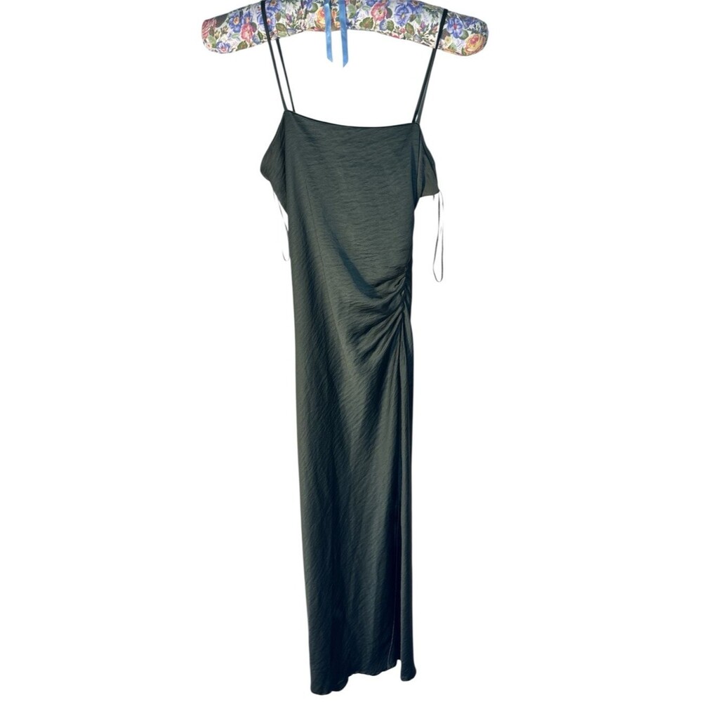 Zara satiny Slip Dress lingerie style size S green ruched detail